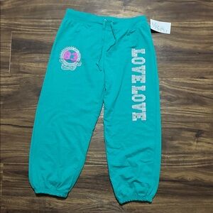 Girls' Teal 'LOVE LOVE' Jogger Capris Sweatpants